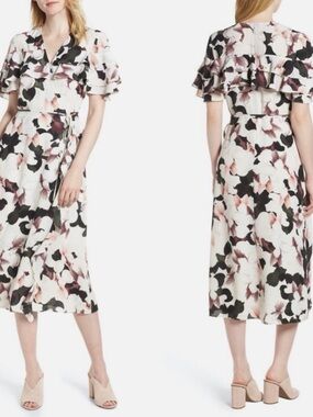 1. State White Floral Wrap Midi Dress with Blush and Black Accents Small